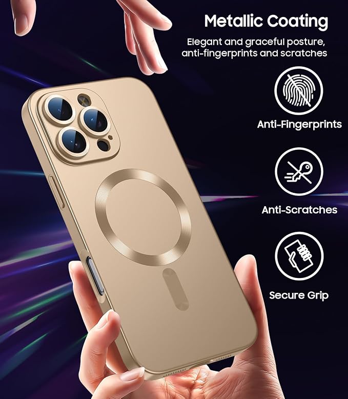 Magnetic for iPhone 16 Pro Case [Compatible with MagSafe][Built-in Camera Lens Protector] Slim Soft Silicone Bumper Shockproof Metallic Luster Phone Case (Gold)