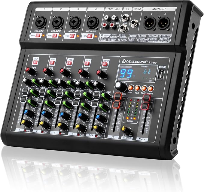 6-Channel Audio Mixer for PC, SX-6iu Mixing Console with XLR Inputs, Bluetooth, 99 Digital Signal Processor Effects, USB Interface, MP3 Compatible for Podcast, Music, Recording 9.84"x2.17"x12.6"inches