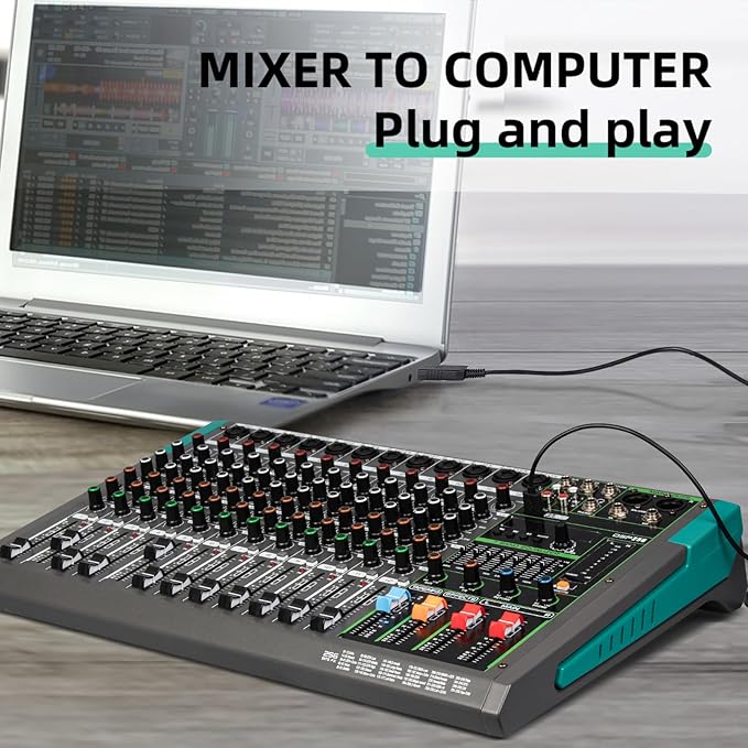 Depusheng PA12 Professional Audio Mixer Sound Board Console Desk System Interface 12 Channel Digital USB Bluetooth MP3 Computer Input 48V Phantom Power Built-in 256 Reverb Effect, Black