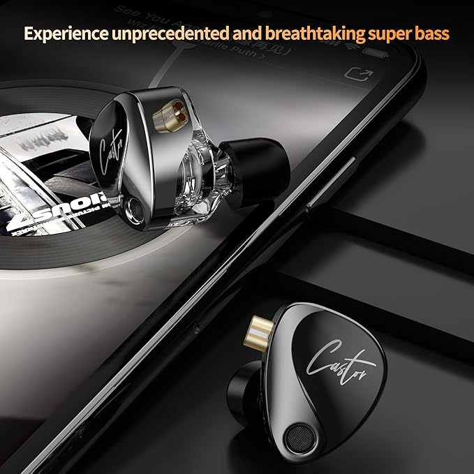 KZ Castor in Ear HiFi Earphone 2DD Dynamic High-end Tunable IEM Earphones in Ear Monitor Headphones with Silicone Tips Detachable Cabel IEMs for Singer Musician DJ On Stage (Black, Without Mic)