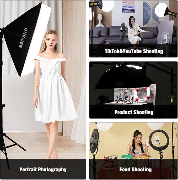 BEIYANG Softbox Lighting Kit, 2x20''x28'' Photography Soft Box with 2 pcs 85W 6000K E27 LED Socket LED Bulbs, Studio Lights for Photography/Video Recording/Live Streaming