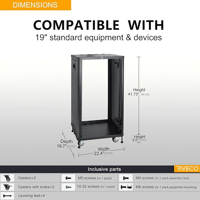 RIVECO POMU 22U Stereo & Server Rack with Caster Wheels, Rolling Network Cabinet, Open Frame Rack for 19-inch Audio Video Music Recording & IT Equipment, Obtuse Angel, Lifting Handle