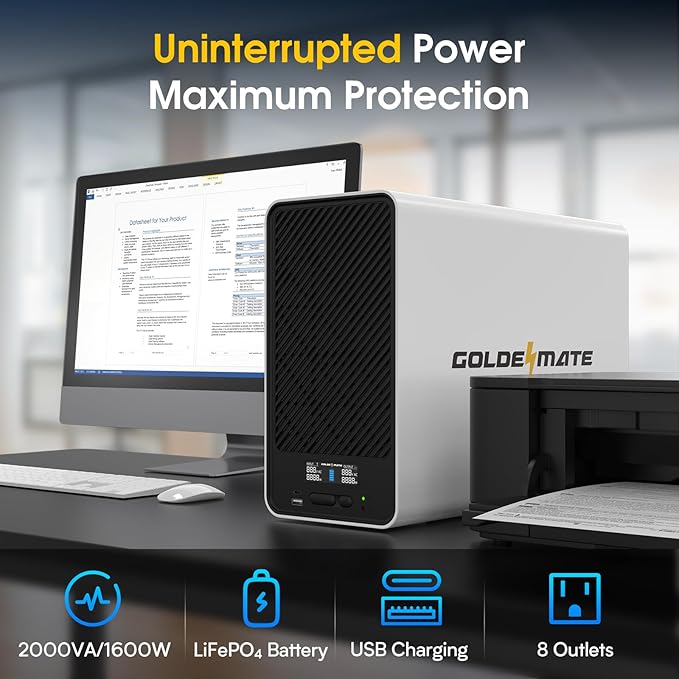 2000VA/1600W Pro Lithium UPS Battery Backup and Surge Protector, Backup Battery Power Supply with LiFePO4 Batteries(460Wh), AVR, Line Interactive Sinewave UPS System, 8 Outlets, LCD Display