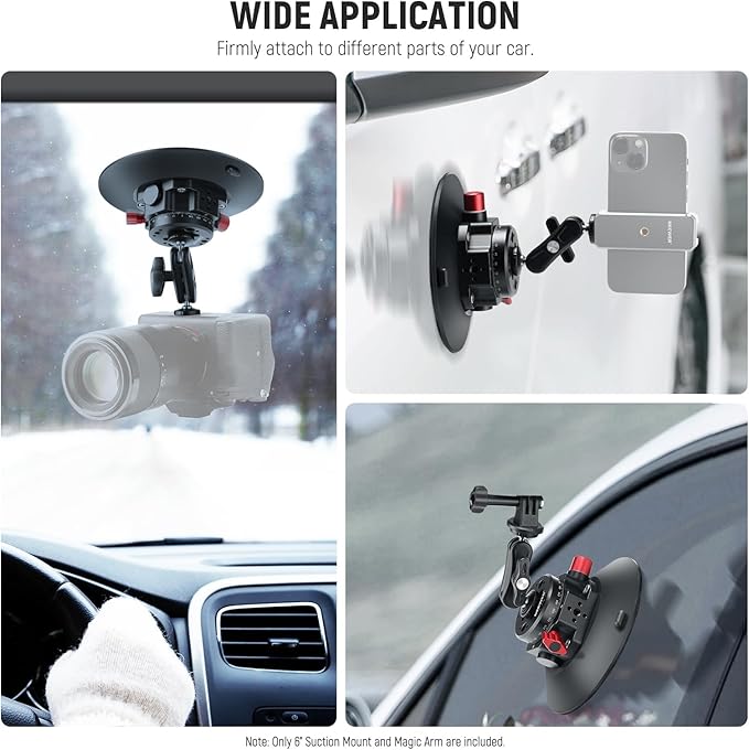 NEEWER 6"/15.2cm Camera Suction Cup Mount with Ball Head Magic Arm, Metal Suction Cup Mount on Car Windshield Dash for Camera/Action Camera/Phone Holder, with 1/4" & 3/8" Mounting Holes for ARRI