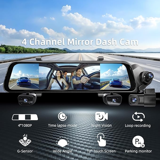 2025 Rear View Mirror Camera,4 Channel Mirror Dash cam Front and Rear 24/7 Recording,12" Touch Screen Dash Camera for car Trucks,Built-in WiFi,GPS,IR Night Vision,Free 128GB SD Card