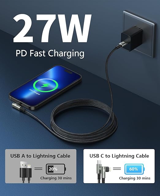 USB C to Lightning Cable 10FT [Apple MFi Certified] 3Pack Long iPhone Charger Cable 90 Degree i Phone Fast Charging Nylon Braided USB Lightning Cable for iPhone 14/13/12/11/Pro/Max/Plus/8/7/6/5S/iPad