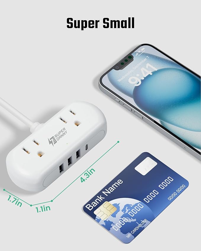 SUPERDANNY Power Strip with USB, 9.8ft Mini Desktop Charging Station with 2 Wide-Spaced Outlets & 4 USB Ports, Portable Flat Plug Extension Cord for Travel, Dorm, Room, Home Office Essentials, White