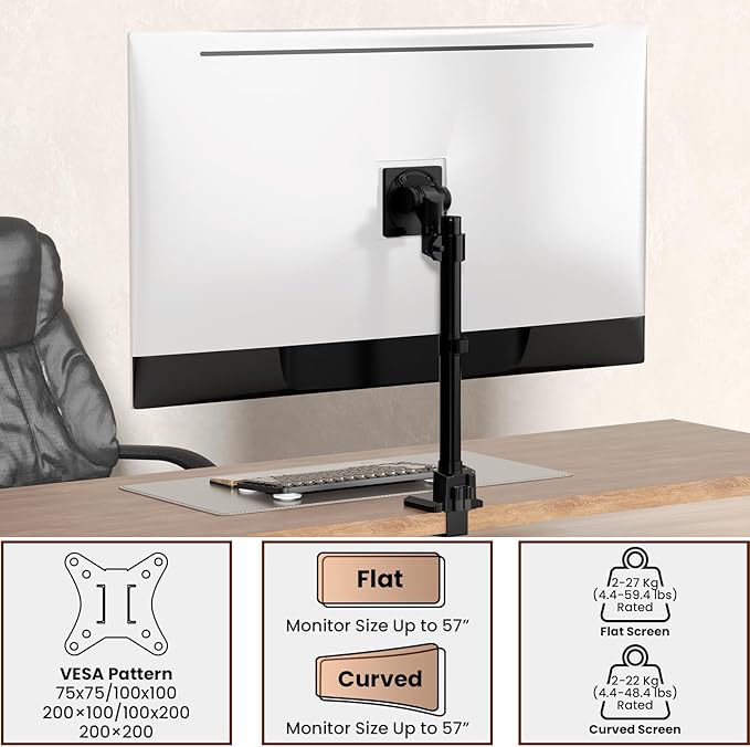 Monitor-Arm Ultrawide Heavy Duty 24-57'' - Aluminum Single Monitor Mount Holds up to 59.4lbs, Adjustable Desk Mount Stand, VESA75/100/200mm, Black