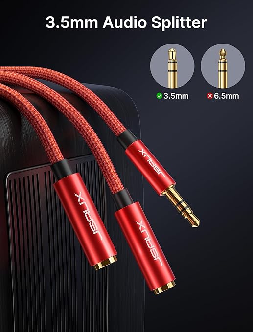 JSAUX Headphone Splitter [2pack] Audio Splitter 3.5mm Male TRS to 2 Dual 3.5mm Female Adapter Nylon-Braided [Red]