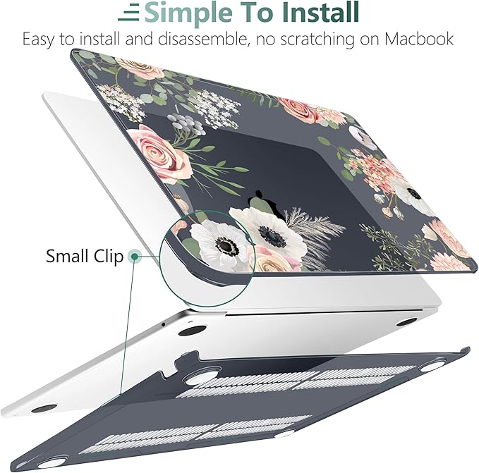 TWOLSKOO Compatible with M4 MacBook Air 13.6 inch Case 2025-2022 Release M4 A3240 M3 A3113 M2 A2681, Plastic Hard Shell & Keyboard Cover & Type C Adapter & Screen Protector, Rose Flower
