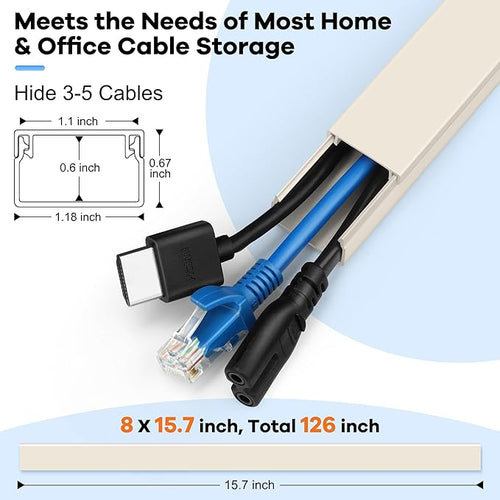 126in Cord Hider Kit, ZhiYo Wire Hiders for TV on Wall, Paintable Cable Management Kit, Wire Cover for Wall Mount TV, Beige Cable Raceway, Cord Cover Wall Wire Management Kit, 8xL15.7in W1.18inH0.67in