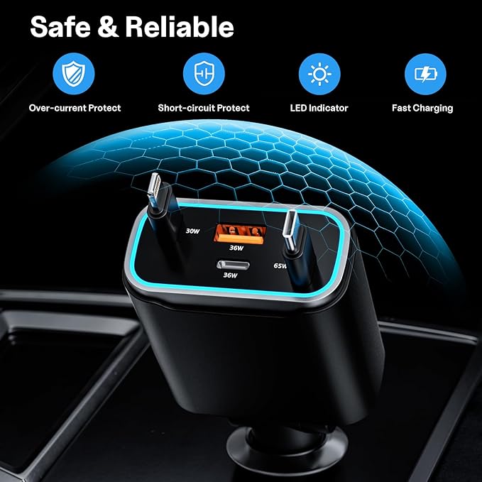 iPhone Car Charger, 4 in 1 Retractable Fast Car Phone Charger Adapter 131W, Retractable Cables (31.5 inch) & 2 USB Ports for iPhone 16/15/14/13/12/11 Pro/Samsung