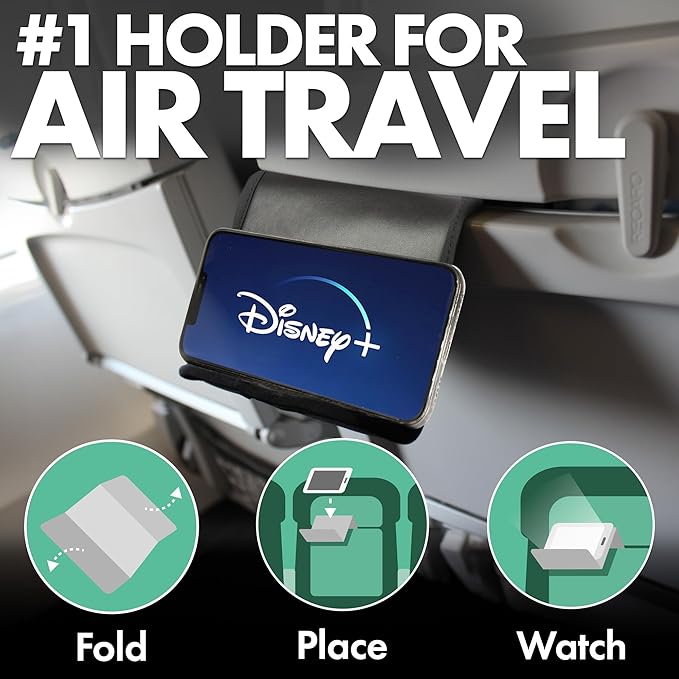 Folden Airplane Phone Holder, Foldable Cell Phone Stand Desk – Flexible Tablet Phone Holder for Bed, Desk, Office, Treadmill – Mobile Stand Phone Accessories, Plane Travel Essentials (Vegan Leather)