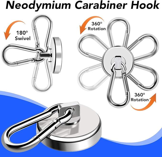 LOVIMAG Magnetic Hooks Heavy Duty, 150LBS Super Strong Magnet Hooks Magnetic Hook Cruise, Neodymium Magnets with Swivel Carabiner Hook for Hanging, Kitchen, Cruise Cabins, Grill, Tool Room-6 Pack