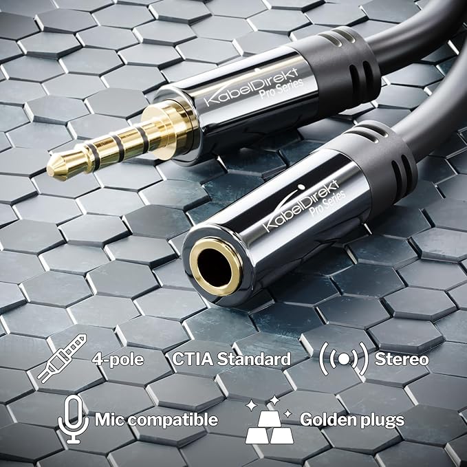 KabelDirekt – Headset Extension Cable – 3ft – Headphone Extension Cord with Break-Proof Metal Plug for Gaming Headsets & Headphones with Microphone, TRRS, 4-Pole, 3.5mm Male to Female