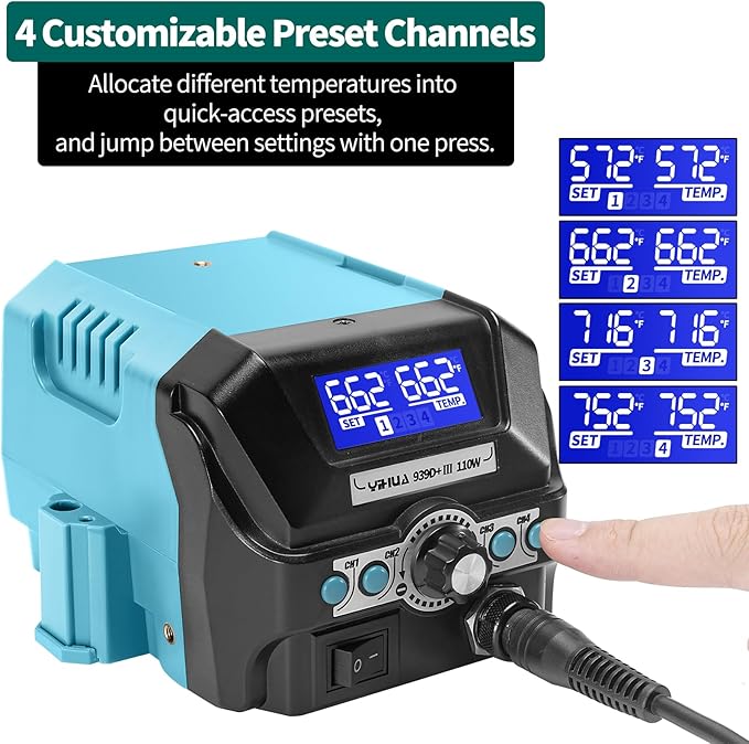 YIHUA 939D+ III EVO Digital Soldering Iron Station Kit 110W High Power with LCD display, 4 Memory Channels, Sleep Mode, Digital Calibration, Solder Wire, Helping Hands, Magnifier, 3 Soldering Tips