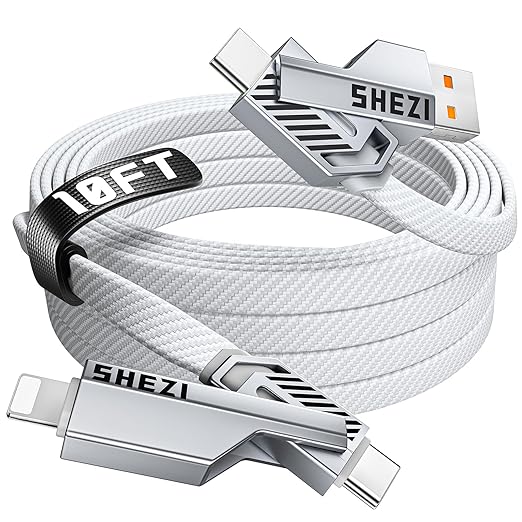 SHEZI [Upgraded 2.0] 4-in-1 USB C Cable 60W 10FT Fast Charging [480Mbps Data Sync] Flat Nylon Braided Charger Cord Combo, USB A/C to C/L Multi Charge Cable for iPhone/iPad & Most Devices, Silver