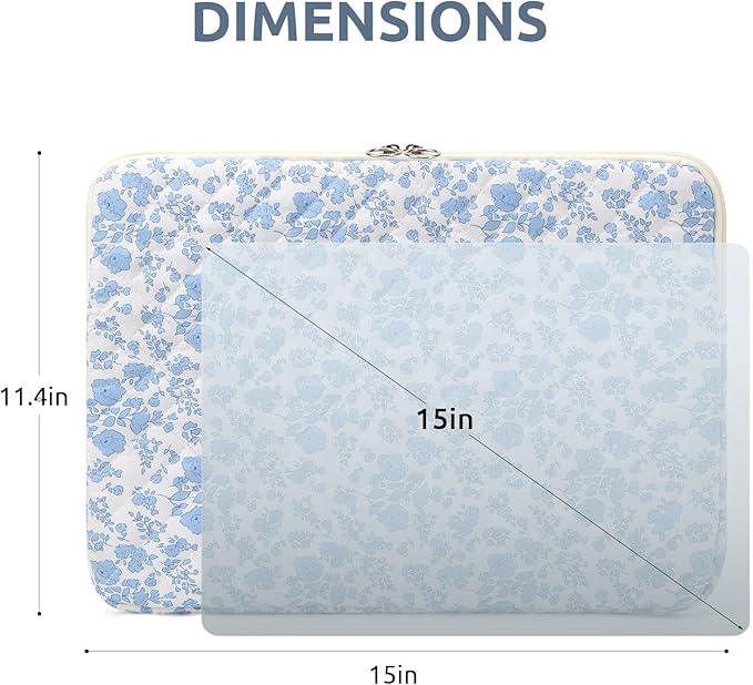 Puffy Laptop Sleeve 13-15.6 Inch Cute Quilted Laptop Protective Case Padded Floral Computer Sleeve for MacBook (B-Blue, 15 Inch)
