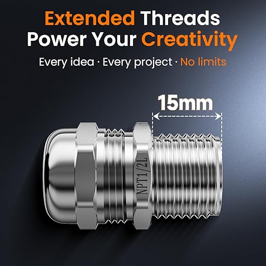 QILIPSU 10pcs 1/2" NPT 304 Stainless Steel Cable Gland Long Thread Waterproof IP68 Metal Strain Relief Cord Grip Cable Pass Through Wire Connector