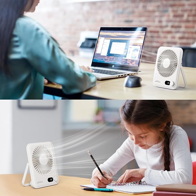WHATOOK Small Desk Fan Personal Fans: 5000mah 25 Hours Battery Office Quiet Mini Desktop Fan Portable Rechargeable Travel Essentials (White, 5000)
