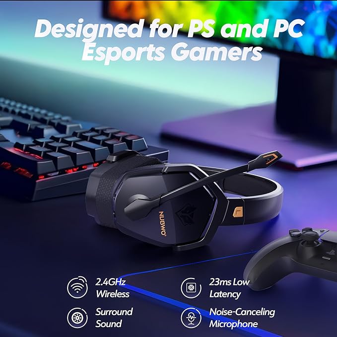 NUBWO G06 Dual Wireless Gaming Headset with Microphone for PS5, PS4, PC - 23ms Low Latency Audio - 100-Hour of Playtime - 50mm Drivers (Black-Orange)