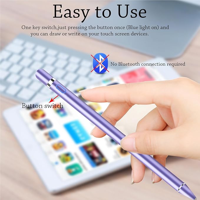 DOGAIN Active Stylus Pen for Touchscreen, iPad Pencil 1.5mm Fine Point Pen, Digital Pens Rechargeable for Tablet, Stylus Pens Compatible with iPad Air/Mini/Pro/Android/iPhone and Most Device - Purple