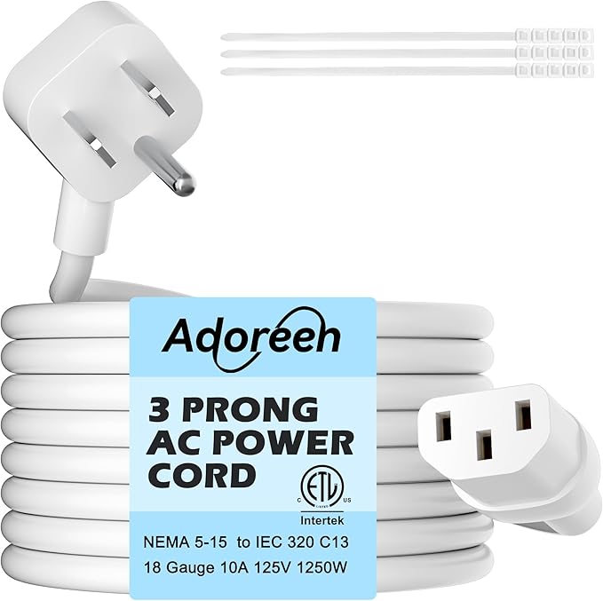 Adoreen 6 Ft Computer TV Replacement Power Cord White, Low Profile Flat Plug 18AWG 3-Prong AC Universal Power Supply Cable NEMA 5-15P to IEC 320 C13 for Printer, PC, Monitor TV LCD, ETL+Ties