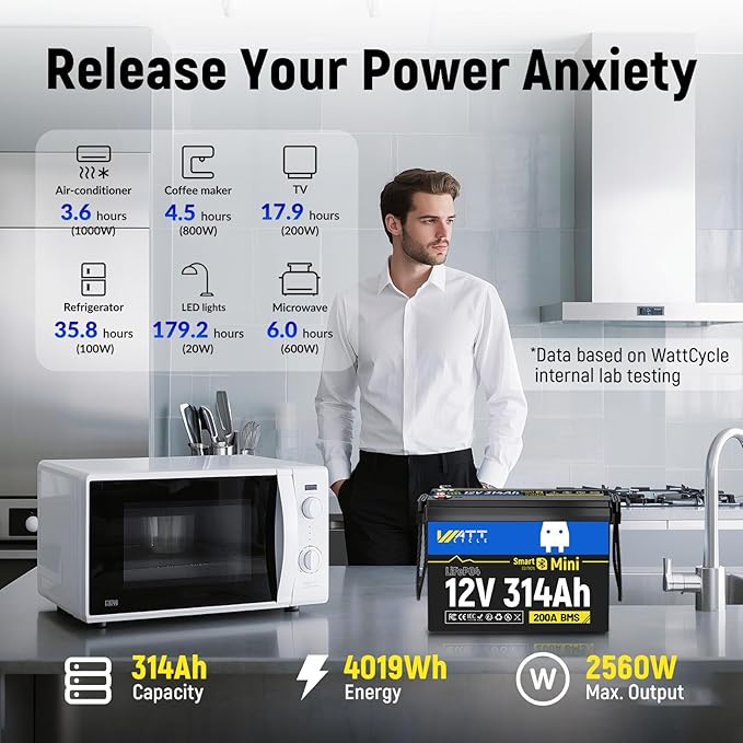 12V 314Ah LiFePO4 Mini Lithium Battery with Bluetooth 5.0, Built-in Metal Frame 200Ah BMS, 4.01kWh Energy, Upgraded Aluminum Cooling Fins, 12v 300ah + Lifepo4 Lithium Batterys