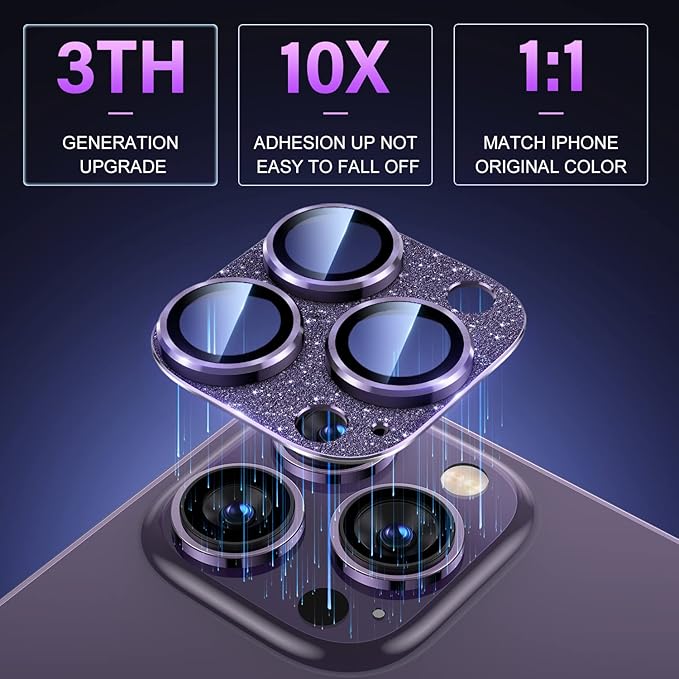 Uyiton for iPhone 14 Pro/iPhone 14 Pro Max Camera Lens Protector, [Drop Protection] 9H Tempered Glass Camera Cover screen Metal Ring Case Friendly Scratch Resistant Easy to Install - Glitter Purple