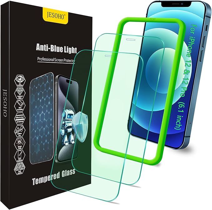 Blue Light Screen Protector for iPhone 12/12 Pro, (6.1") HD Anti Blue Light Blocking Tempered Glass Film, Eye Protection, Case Friendly, No Bubble,with Easy Installation Kit, 2 Pack
