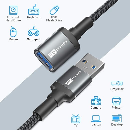 ITD ITANDA 1.5FT USB Extension Cable USB 3.0 Extension Cord Type A Male to Female 5Gbps Data Transfer for Keyboard, Mouse, PlayStation, Xbox, Flash Drive, Printer, Camera and More, Grey