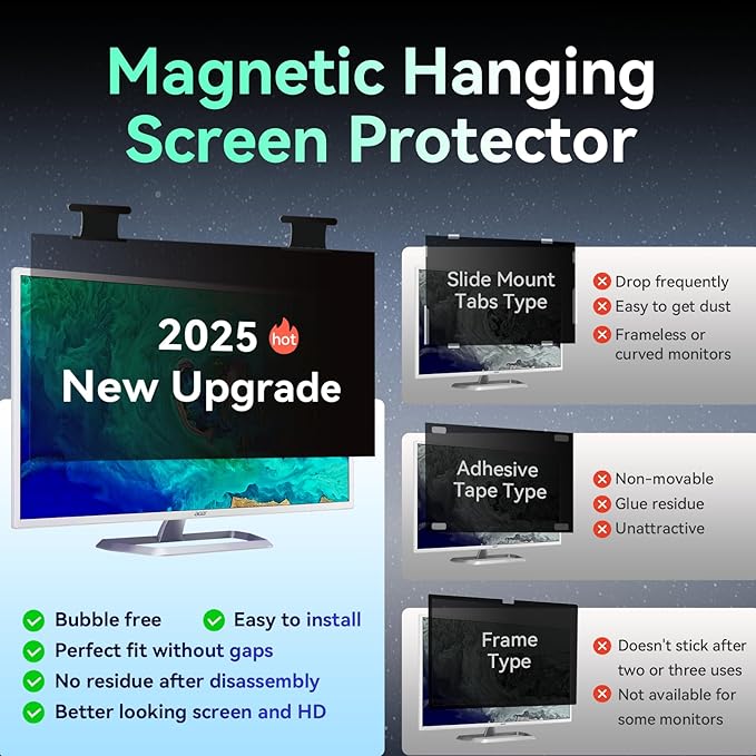[2 Pack] Magnetic 24 Inch Computer Privacy Screen for 16:9 Aspect Ratio Widescreen Monitor, Hanging Eye Protection Anti Glare Blue Light Computer Monitor Privacy Filter, Removable 24 in Protector Film