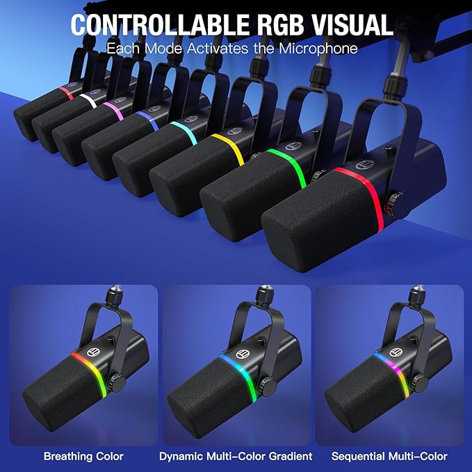 ZealSound XLR/USB Dynamic Microphone for Gaming Podcast,Mic for iPhone Phone PC Computer Gaming Streaming Microphone with RGB Light,Mute Button,Mic Gain,Headphones Jack,Boom Arm Stand,Singing YouTube