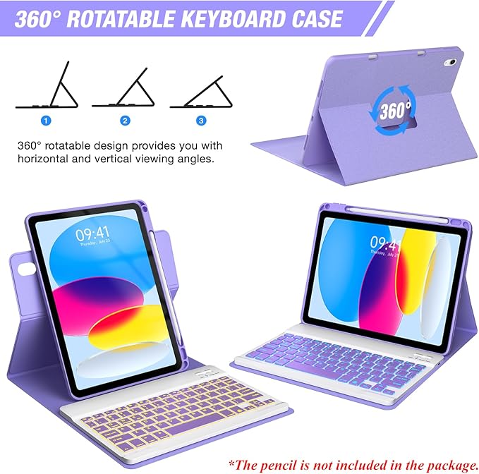 BLUTLOTUS 360 Rotatable Keyboard Case for iPad 11th (A16) 10th with Pencil Holder, 7 Color Backlit Detachable Bluetooth, Smart Folio Tablet Cover ((Purple)