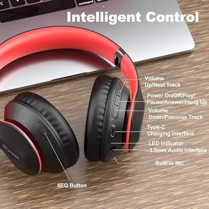 Wireless Bluetooth Headphones Over Ear 65H Playtime HiFi Stereo Headset with Microphone and 6EQ Modes Foldable Bluetooth V5.3 Headphones for Travel Smartphone Computer Laptop