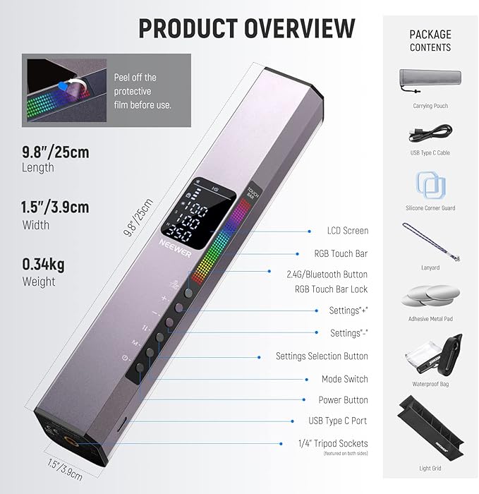 NEEWER RGB LED Video Light Stick, Touch Bar&APP Control, Magnetic Handheld Photography Lighting Wand, Dimmable 3200K~5600K CRI98+ Full Color LED Light with 6400mAh Battery, 17 Scenes, RGB1 (Rose Gold)