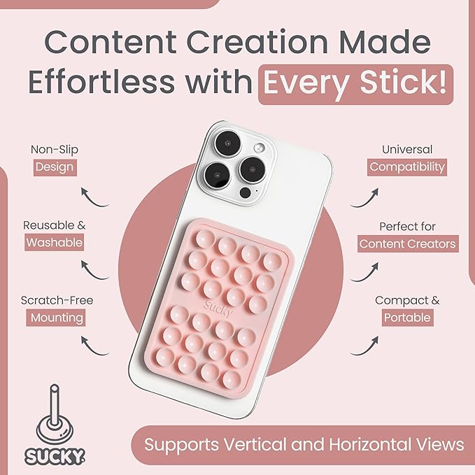 SUCKY Magnetic Suction Cell Phone Grip for MagSafe Case, Silicone Octo Cup Buddy Holder, Hands-Free Removable Mount, Durable Magnet Phone Accessory for iPhone and Android - Chalk Pink
