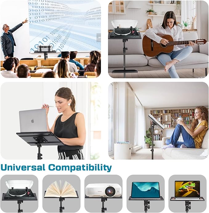 Lusweimi Projector Tripod Stand, 50” Laptop Stand with 2 Shelves for Projector, iPad, DJ Equipment, Portable Adjustable Floor Stand with Gooseneck Phone Holder for Office, Home, Stage or Studio
