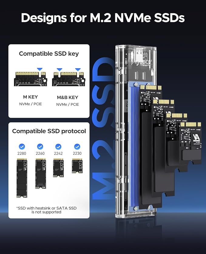ORICO M.2 NVMe SSD Enclosure, USB 3.2 Gen 2 (10 Gbps), Transparent External Solid State Drive Adapter Enclosure for 2280 2260 2242 2230 PCI-E M2 M-Key SSD, USB Type C Converter Case-TCM2 Blue