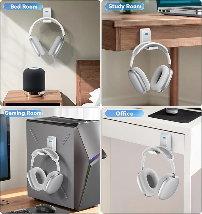 Headphone Stand, Wall Mount Headset Hanger, Gaming Headphone Holder Hook Clip, Foldable Headset Stand Desk Holder for PC Earphone Accessories, White(1 Pack)