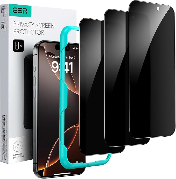 ESR 3 Pack for iPhone 16 Pro Privacy Screen Protector, Anti-spy Tempered-Glass Privacy Screen Protector with Easy Installation Tool, Micro-Curved Edges, Case Friendly