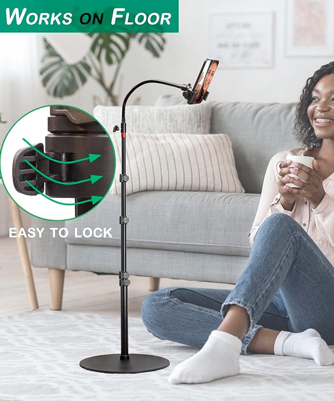 Phone Overhead Stand, Gooseneck Phone Floor Stand, Tall Video Cell Phone Mount with Height Adjustable Stand, Heavy Base, 360 Head, Works with iPhone 16, 16 Pro Max, 16 Plus, 15, 14, 13