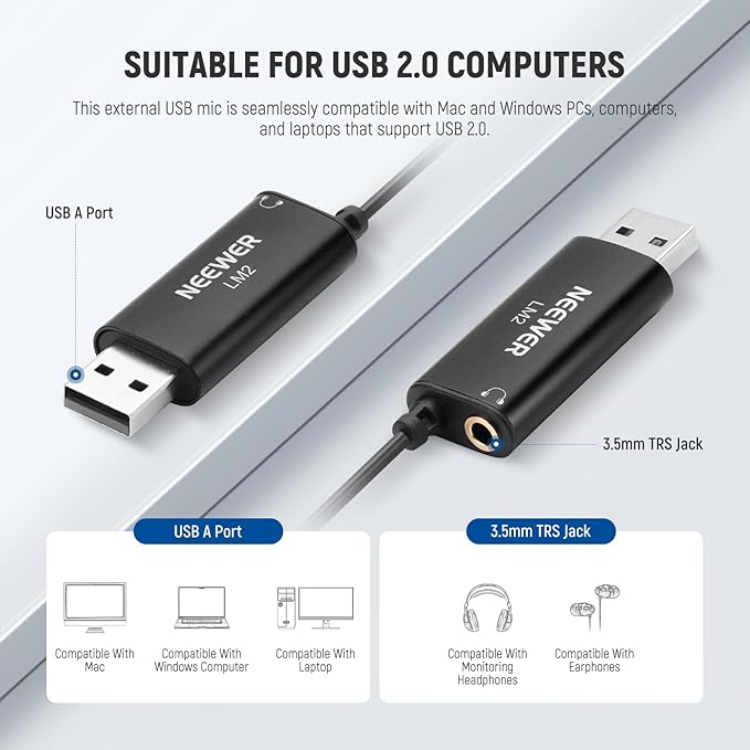 NEEWER USB Lapel Microphone, Plug & Play Mini Omnidirectional Clip On Lavalier Mic with 3.5mm Monitoring Headphones Jack for USB 2.0 Mac Windows PC Laptop Computer YouTube Skype Podcast Gaming, LM2