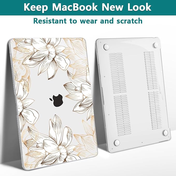 Teryeefi for MacBook Air 13 inch Case M1 2021 2020 2019 2018 Release (A2337 A2179 A1932 Retina Display with Touch ID), Plastic Hard Shell Case & Keyboard Cover & Screen Protector, W-Gold Flower Line