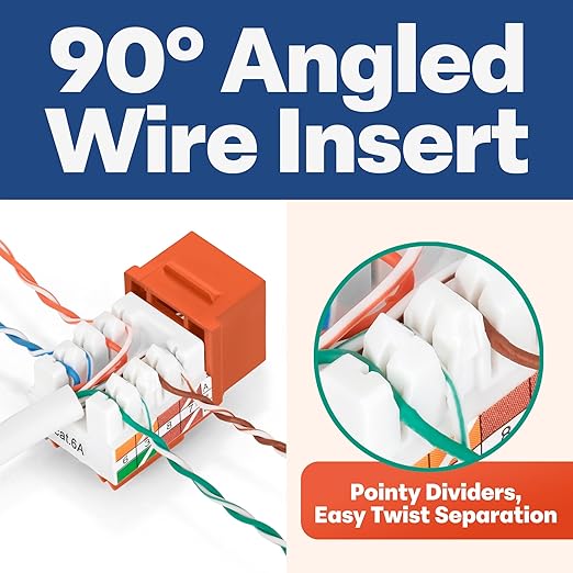 Everest 90° Angled RJ45 Cat6A Keystone Jacks 50-Pack in Orange - Slim Profile Female RJ45 Connectors - Cat 6A Keystone Jack - Compatible with 90° Angled Speed Termination Tool - easyJACK (B094WB91H3)