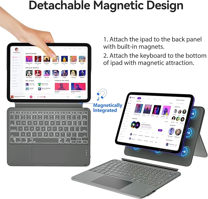 Touch iPad 10th Generation Case with Keyboard (10.9", 2022) & iPad 11th (A16, 2025): Magnetic Split Stand Case, Multi-Touch Trackpad, Rechargeable Wireless Keyboard Folio with Backlit Keys, Gray