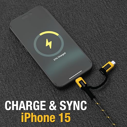 DEWALT Heavy Duty 4-in-1 Cable, Type C/Micro USB/USB Cable for iPhone 16, iPhone 15, iPad Charger USB C, Huawei, HTC, LG, Samsung Galaxy, Android Smartphones, iPad Pro, Micro C Charging (6ft, Black)