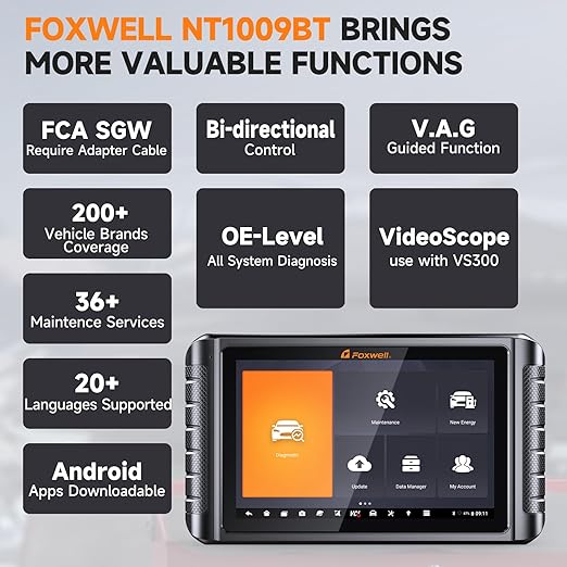 FOXWELL NT1009 All-System Bi-Directional Scan Tool with All Reset Services, Topology Mapping, V.A.G Guide & FCA SGW Support, CAN-FD DoIP Diagnostic Scanner for All Cars, 3-Year Free Updates
