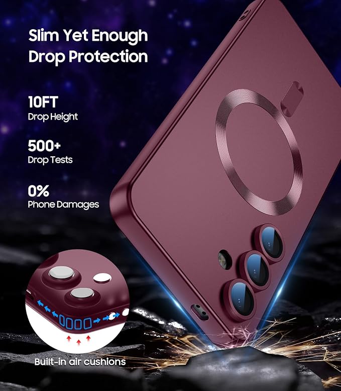 Magnetic for Samsung Galaxy S24 Case [Compatible with MagSafe][Built-in Camera Lens Protector] Slim Soft Silicone Bumper Shockproof Metallic Luster Phone Case (Burgundy)