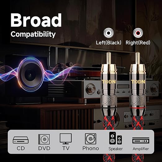 TODN HiFi RCA Cables, Audiophile 2 RCA Male to Male Shielded Audio Cable for Home Stereo Systems, Premium 4-Core Oxygen-Free Copper (4.9ft/1.5m, 1 Pair)